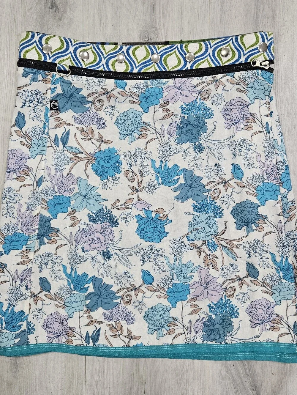 Zand Amsterdam Reversible Wrap Skirt Cotton Adjustable Blue Mandala Aqua Floral